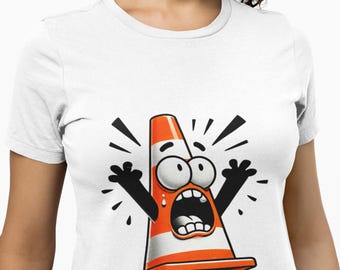Unisex Scared Traffic Cone T-Shirt, Quirky Cartoon Cone Tee, Road Work Humor Shirt, Unique Graphic Tee, Top Gift Idea for Humor Lovers