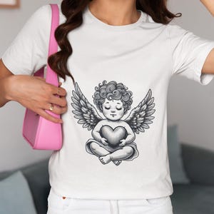 Unisex T-Shirt with Vintage Cherub & Heart, Romantic Baby Angel Art Tee, Cupid Graphic Novelty Shirt, Valentine&#39;s Day Gift for Him or Her