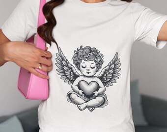 Unisex T-Shirt with Vintage Cherub & Heart, Romantic Baby Angel Art Tee, Cupid Graphic Novelty Shirt, Valentine's Day Gift for Him or Her