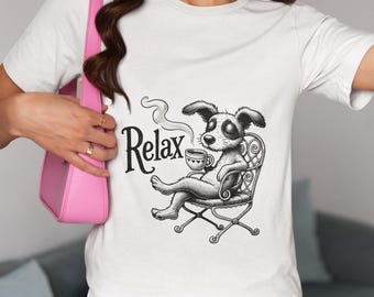 Relaxing Dog Drinking Coffee Unisex T-Shirt,Cute Dog Drinking Coffee Novelty Tee,Cozy Dog Coffee Shirt,Chill Dog with Coffee Mug Top Gift