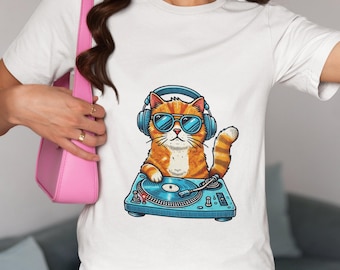 Trendy DJ Cat T-Shirt | Cool Cat with Headphones and Turntable | Music Lover Gift Top | Unisex Graphic Tee | Cat Lover Shirt