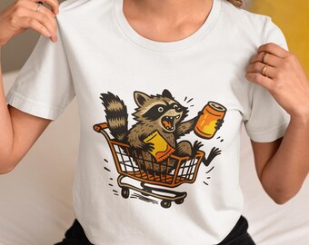 Funny Raccoon T-Shirt Unisex | Crazy Trash Panda Shopping Cart Graphic Tee | Soda & Chips Animal Humor Shirt | Cartoon Raccoon Gift Idea Top