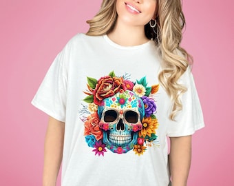 Cute Colorful Sugar Skull Flowers Unisex Dia de los Muertos T-shirt,Day of the Dead, Mexican TShirt, Halloween Shirt Costume, 2023 Sugar Tee