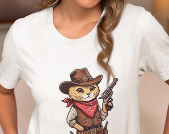 Meowdy Cowboy Cat Unisex T-Shirt, Vintage Western Cowboy Kitten, Quirky Cat Lover Novelty Tee, Unique Animal Top Gift Apparel for Him/Her