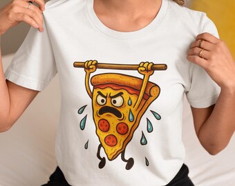 Pizza Workout T-Shirt | Cartoon Slice Lifting Weights and Sweating Gym Humor Tee | Pepperoni Pizza Fitness Gift Top | Foodie Exercise Shirt