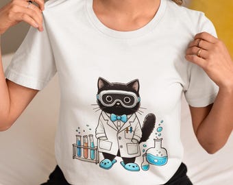 Scientist Cat Unisex T-Shirt, Cute Black Cat in Lab Coat&Goggles Novelty Tee,Science and Lab Humor Shirt Design,Cat Lovers,Science Geeks Top