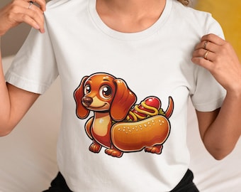Funny Dachshund Hot Dog Unisex T-Shirt | Cartoon Wiener Dog Foodie Tee | Unique Sausage Dog Lover Gift | Casual Novelty Shirt for All