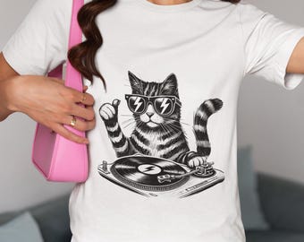 DJ Cat T-Shirt, Cool Cat with Turntable Tee, Funny Music Lover Shirt,Retro Vinyl Record Cat Graphic,Unisex DJ Kitty Party T-Shirt,Music Gift