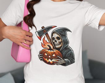 Unisex Spooky Grim Reaper with Pumpkin T-Shirt, Halloween Skeleton Reaper with Axe Novelty Shirt, Gothic Horror Tee, Eerie Jack-O'-Lantern