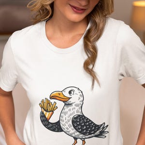Funny Seagull T-Shirt with French Fries, Unique Seagull Art Tee, Unisex Seagull Lover Gift, Funny Bird Shirt, Coastal Apparel, Seagull Shirt
