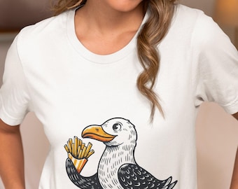 Funny Seagull T-Shirt with French Fries, Unique Seagull Art Tee, Unisex Seagull Lover Gift, Funny Bird Shirt, Coastal Apparel, Seagull Shirt