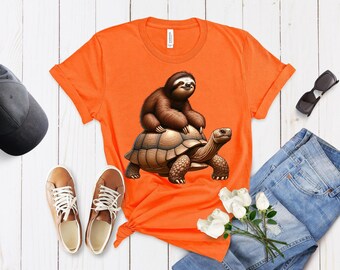 Funny Sloth & Turtle T-Shirt, Unisex DTG Shirt Print, Humorous Animal Riding Design, Perfect for Men and Women - Casual Quirky Tee Gift