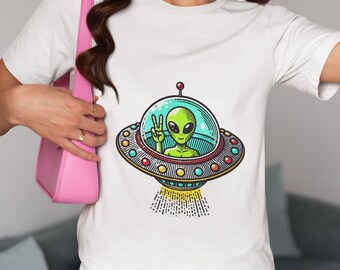 Retro Alien in UFO T-Shirt, Vintage Sci-Fi Graphic Tee, Funny Space Alien Novelty Shirt, Cool Extraterrestrial Abduction Design Apparel Gift