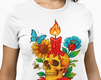 Skull Candle T-Shirt, Gothic Floral Tattoo Style Tee with Butterfly, Ladybug, Bee & Flowers Top - Unisex Dark Aesthetic Graphic Shirt