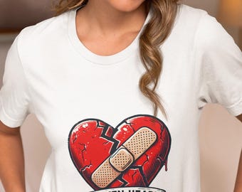 Broken Heart Graphic Novelty Tee With Bandage, Unisex T-shirt for