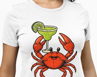 Margarita Crab T-Shirt, Unisex Beach Drink Lover Tee with Cartoon Crab Holding Cocktail, Summer Party Shirt for Ocean & Seafood Fans