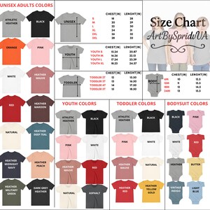 the size chart for a t - shirt with different colors