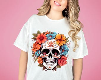 Cute Colorful Sugar Skull Flowers Unisex Dia de los Muertos T-shirt,Day of the Dead, Mexican TShirt, Halloween Shirt Costume, 2023 Sugar Tee