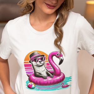 Otter Pool Party T-Shirt, Retro Sunset Flamingo Float Tee with Sunglasses, Cute Beach Animal Summer Shirt, Unisex Tropical Vacation Gift Top