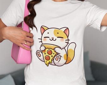 Calico Cat Hugging a Slice of Pepperoni Pizza Unisex T-Shirt, Cute Kitten Pizza Lover Novelty Tee, Pizza Design for Cat&Pizza Fans Top Gift