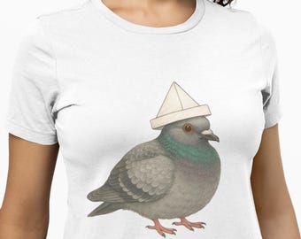 Funny Pigeon T-Shirt with Paper Hat, Cute Bird Lover Gift Tee, Whimsical Urban Animal Graphic Shirt, Unisex Streetwear Humor Clothing Top