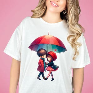 Valentine&#39;s Day Cartoon Couple T-Shirt - Boy & Girl Under Umbrella - Unisex Love Shirt - DTG Printed Romantic Tee Top Gift Idea For Her/Him