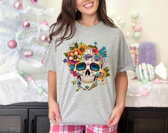 Cute Colorful Sugar Skull Flowers Unisex Dia de los Muertos T-shirt,Day of the Dead, Mexican TShirt, Halloween Shirt Costume, 2023 Sugar Tee