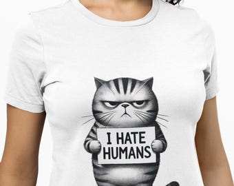 Grumpy Cat 'I Hate Humans' Unisex T-Shirt, Sarcastic Kitten Novelty Tee, Shirt Gift Idea for Cat Lovers & Introverts, Humor Top Shirt