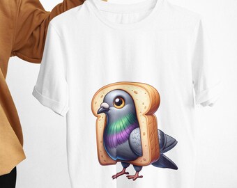 Whimsical Pigeon Bread Slice Graphic Unisex Tee - Bird Illustration T-Shirt | Artistic Animal Lover Gift | Unique Pigeon Print Tee Top