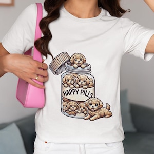 Happy Pills Unisex T-Shirt Featuring Cute Puppies in a Pill Bottle, Dog Lover Novelty Tee Gift Idea, Unique Pet Humor Shirt Top