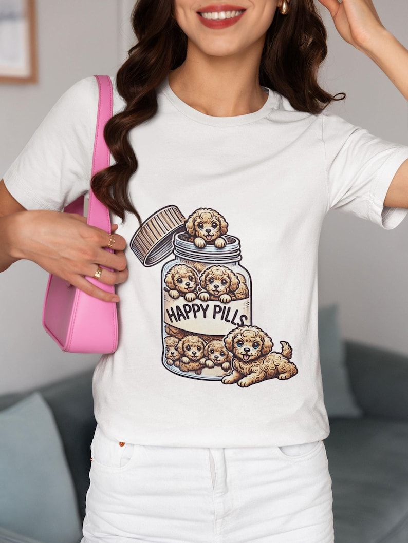 Happy Pills Unisex T-Shirt Featuring Cute Puppies in a Pill Bottle, Dog Lover Novelty Tee Gift Idea, Unique Pet Humor Shirt Top