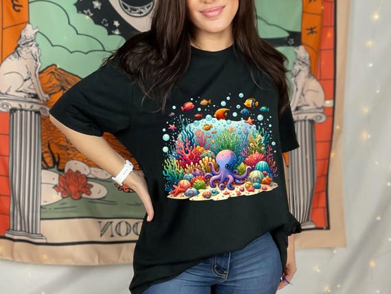 T-shirt Homme Peint à La Main - Motif Poisson Tropical Océan - Taille L - 100% Coton - Marque Fruit Of The Loom