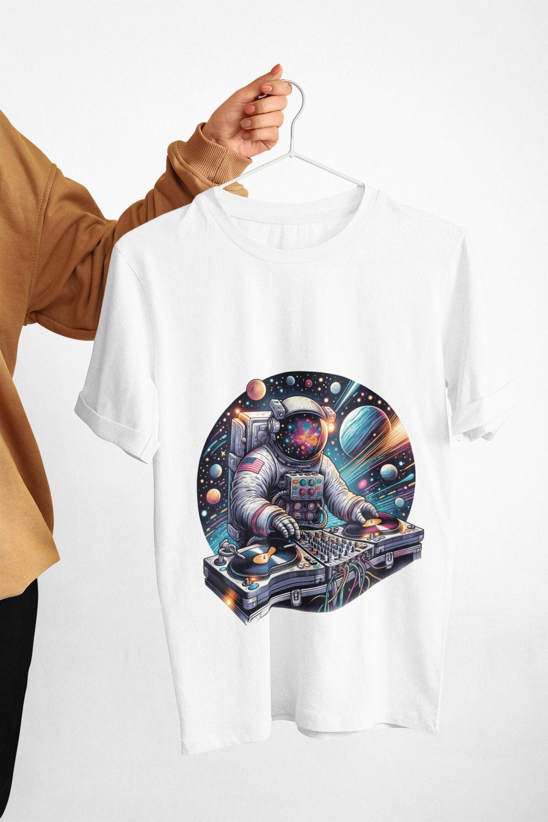 Unisex Galactic DJ Astronaut T-shirt, Vibrant Space-themed Graphic