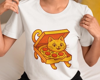 Funny Pizza Cat T-Shirt, Cute Cartoon Cat Pizza Box Tee for Food & Animal Lovers, Kawaii Foodie Gift Shirt, Unisex Pizza Lover Graphic Tee