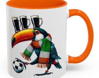Funny Irish Toucan Mug, St Patricks Day Soccer Coffee/Tea Cup, Toucan with Beer & Scarf, Ireland Football Fan Gift, Unique Irish Pub Decor