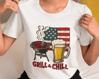 Grill & Chill BBQ Beer Unisex T-Shirt, Funny American Flag Grillout Shirt for Men, Women, Summer Cookout, 4th of July Party Gift Idea Tee