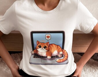 Cute Cat Graphic Unisex T-Shirt, Casual Orange Tabby Laptop Humor Tee, Perfect for Cat Lovers and Tech Enthusiasts - Gift Idea for Her/Him