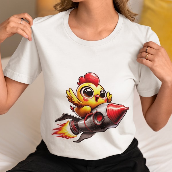Space Adventure T-Shirt, Cartoon Chicken Astronaut Rocket Tee Top, Colorful Unisex Shirt, Unique Gift Idea for Space Enthusiasts