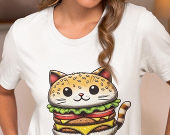 Cute Cat Burger T-Shirt for Food & Animal Lovers, Funny Kawaii Cheeseburger Kitty Tee, Unisex Cartoon Foodie Shirt, Unique Top Gift Idea