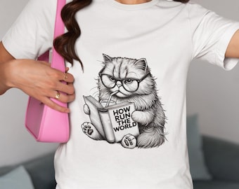 Quirky Fluffy Cat Reading a Book in Glasses Unisex T-Shirt, Novelty Tee for Book Lovers, Cat Enthusiasts Shirt, Nerdy Fun Top Apparel Gift