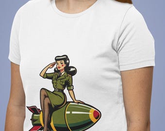 Vintage Pin-Up Military Woman T-Shirt, Retro Aesthetic War Bomber Art Tee Top, Unisex Soft Cotton Graphic Shirt, Gift Idea for Veterans