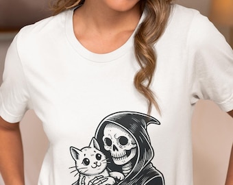 Grim Reaper with Cute Cat T-Shirt, Unisex Funny Gothic Skull with Kitten Novelty Tee, Unique Halloween Gift for Cat Lovers, Spooky Cat Shirt