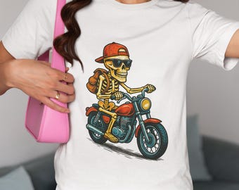 Cool Skeleton Motorcycle Rider T-Shirt, Biker Skeleton in Cap & Shades on Chopper Shirt, Unisex Graphic Tee for Bikers, Rocker Skull Fans