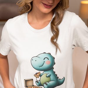 Cute Cartoon Dinosaur Eating Pizza Unisex T-Shirt - Fun Dino Tee for Foodies - Quirky Animal Lover Gift - Colorful Illustration Casual Wear