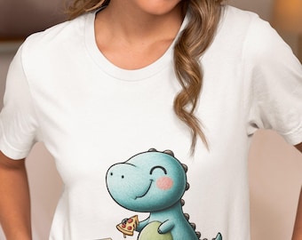Cute Cartoon Dinosaur Eating Pizza Unisex T-Shirt - Fun Dino Tee for Foodies - Quirky Animal Lover Gift - Colorful Illustration Casual Wear