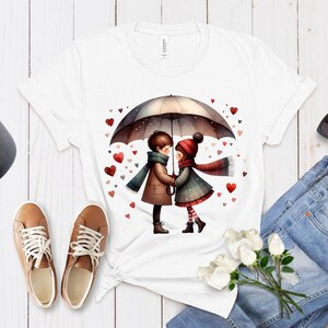 Valentine&#39;s Day Cartoon Couple T-Shirt - Boy & Girl Under Umbrella - Unisex Love Shirt - DTG Printed Romantic Tee Top Gift Idea For Her/Him