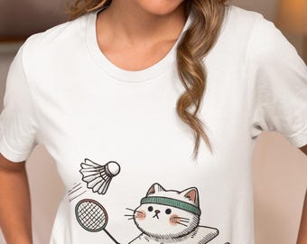 Cat Playing Badminton Unisex T-Shirt, Cute Sports Lover Shirt Gift for Badminton&Cat Fans,Fun Cartoon Pet Illustration Novelty Tee,Top Gift