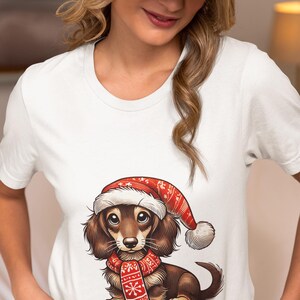Christmas Dachshund Unisex T-Shirt with Santa Hat & Scarf, Cute Wiener Dog Holiday Novelty Tee, Christmas Gift Idea Shirt, Xmas Top