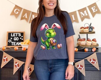 Easter T-Rex Dinosaur T-Shirt with Bunny Ears & Egg Basket - Unique Unisex Easter Tee Top For Him/Her,Perfect Shirt Gift for Dinosaur Lovers