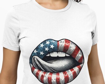 Patriotic American Flag Lips Unisex T-Shirt, Unique USA Novelty Tee, Bold Red White & Blue Lips Shirt,4th of July Americana Fashion Top Gift